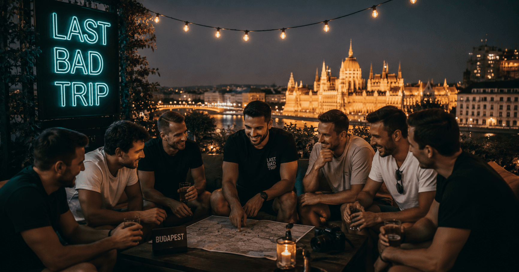 Groupe d'amis sur un rooftop à Budapest